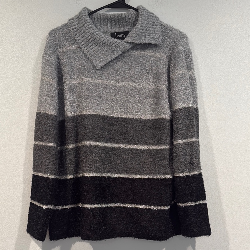 Jenny Black and Gray Thick Sweater w/ Sparkles between Stripes Size Extra Large